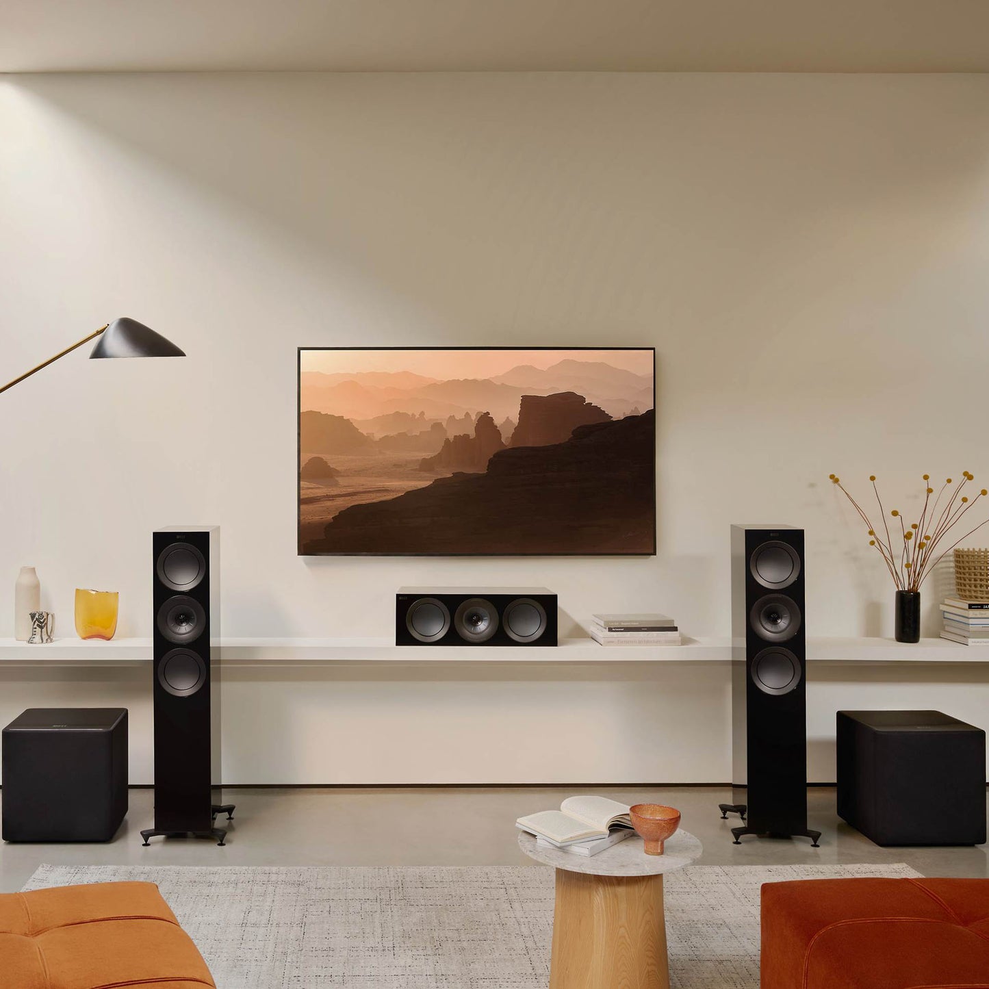 KEF Kube 12 MIE Subwoofer in living room with speaker system