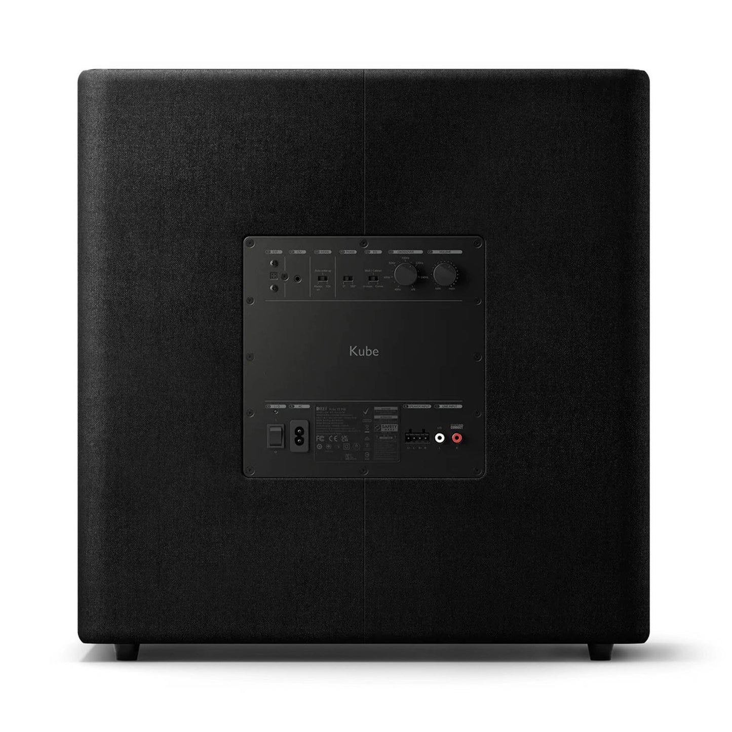 Back of KEF Kube 15 MIE subwoofer on white background