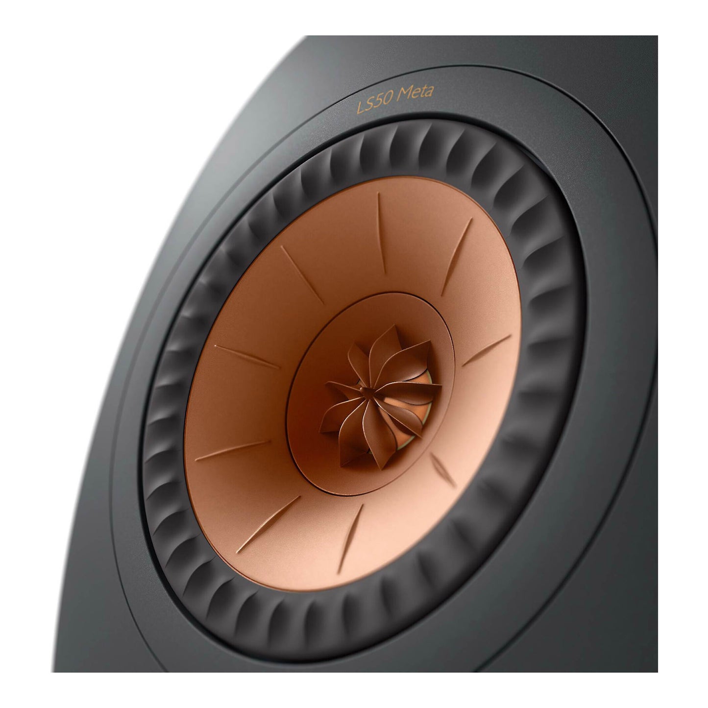 Close up of KEF LS50 Meta Bookshelf Speakers in Black finish