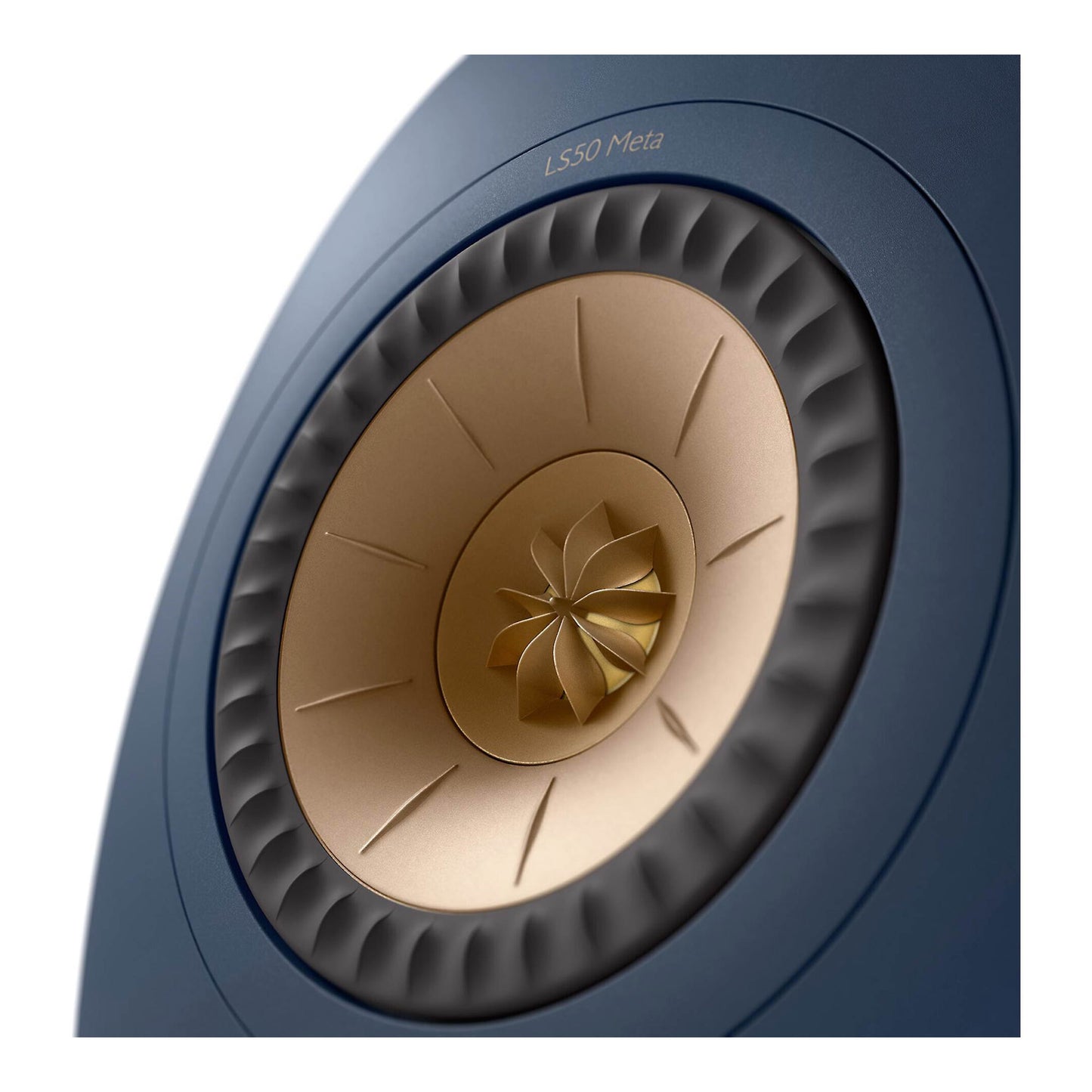 Close up of KEF LS50 Meta Bookshelf Speakers in Blue finish