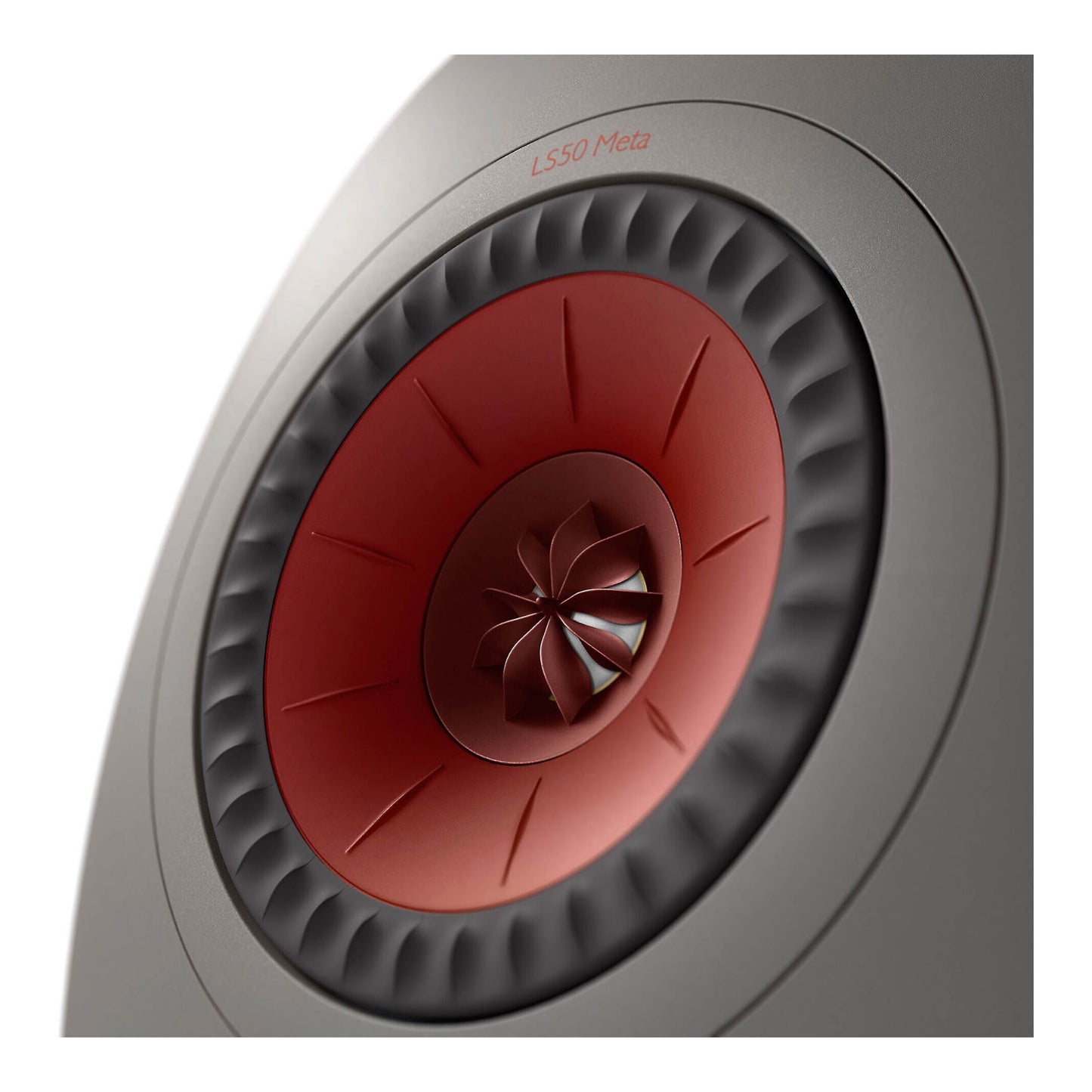 Close up of KEF LS50 Meta Bookshelf Speakers in Grey finish