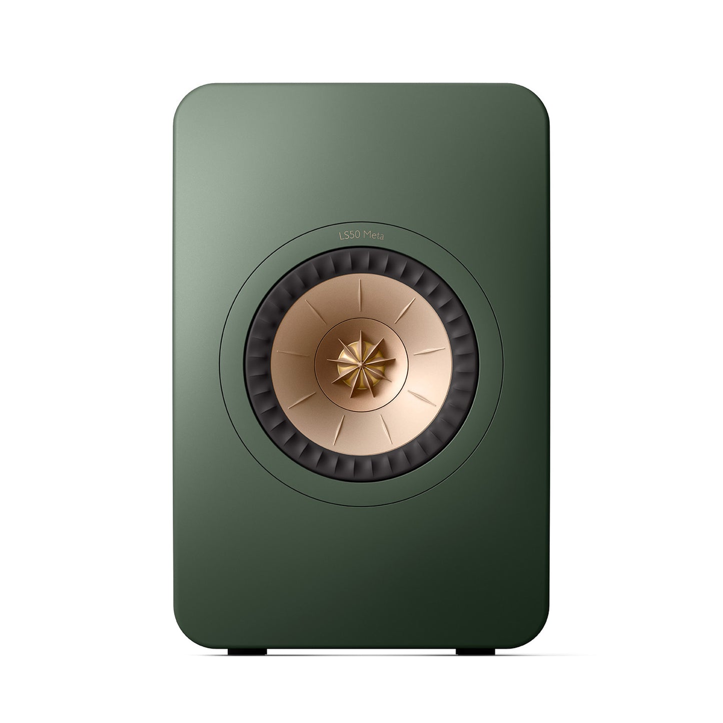 Front of KEF LS50 Meta Bookshelf Speakers in Moss Green finish