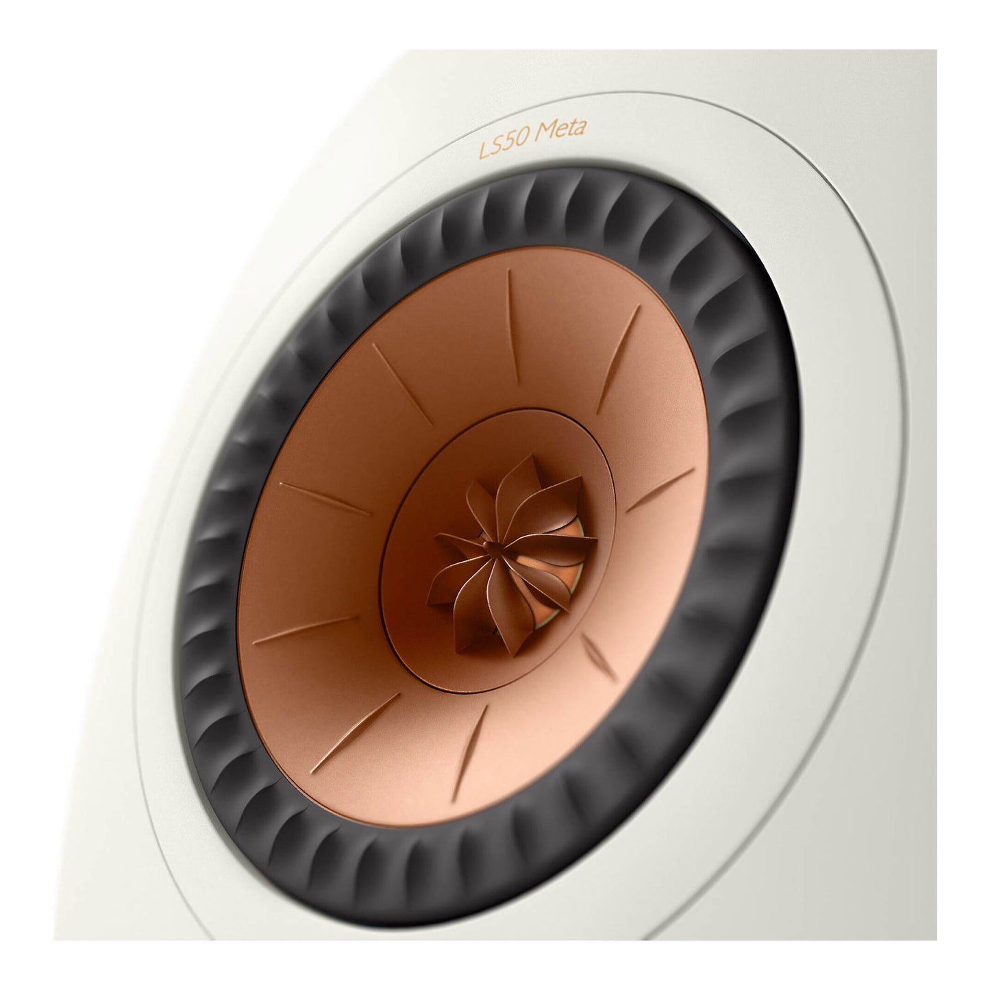 Close up of Pair of KEF LS50 Meta Bookshelf Speakers in White finish