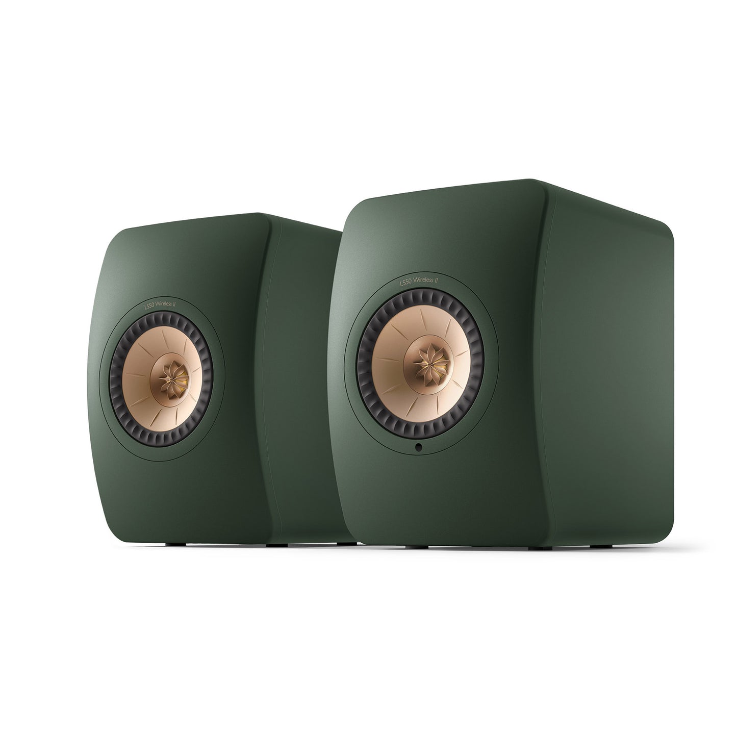 Pair of green speakers on a white background