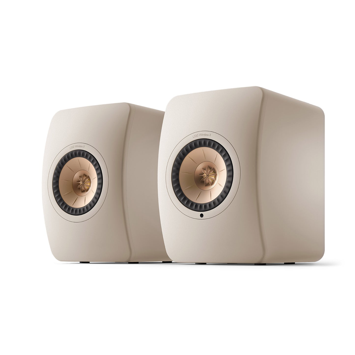 A pair of KEF LS50 Wireless II bookshelf speakers in Sand Shell