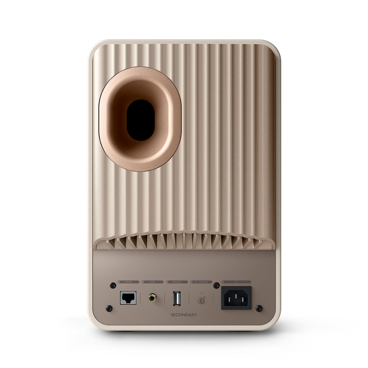 Back of a KEF LS50 Wireless II bookshelf speaker in Sand Shell