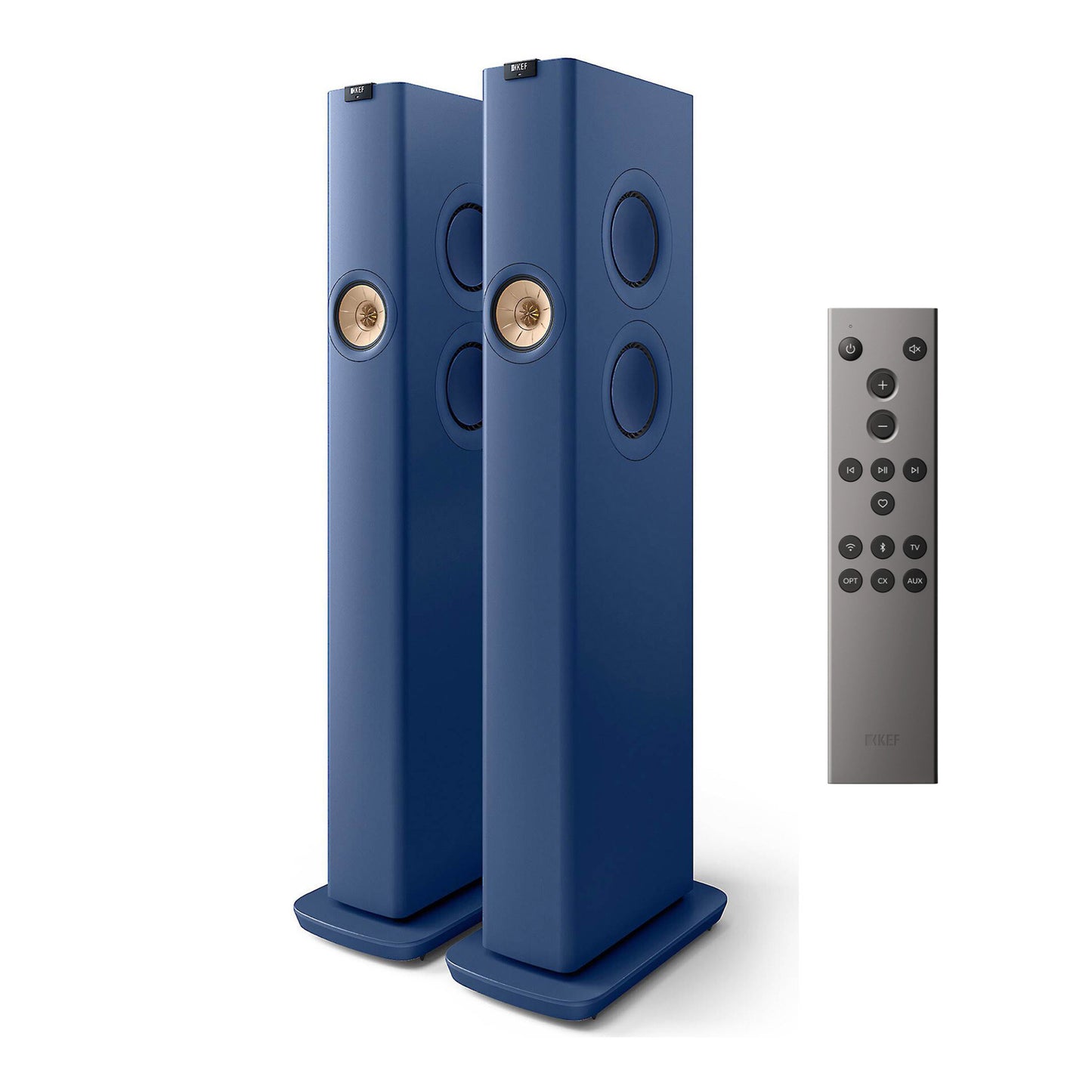 Pair of blue floor-standing speakers with a remote control on a white background