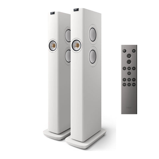 White floor-standing speakers with a remote control on a white background