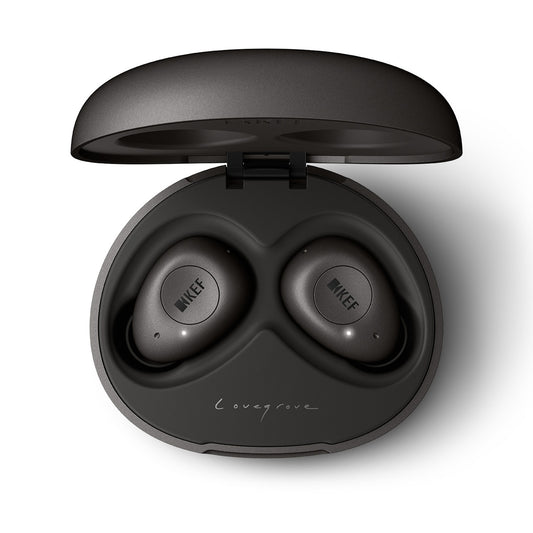 KEF Mu3 In-Ear Noise Cancelling Headphones in a black charging case.