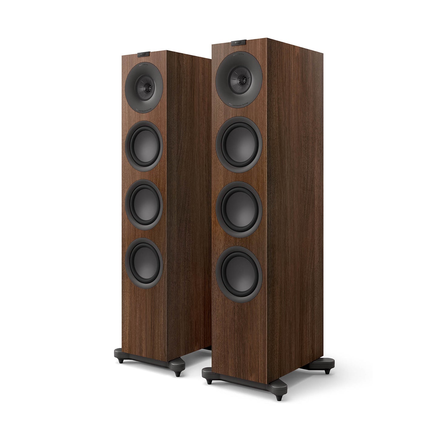 A pair of walnut KEF Q11 Meta floorstanding speakers with a 12th generation Uni-Q driver array.