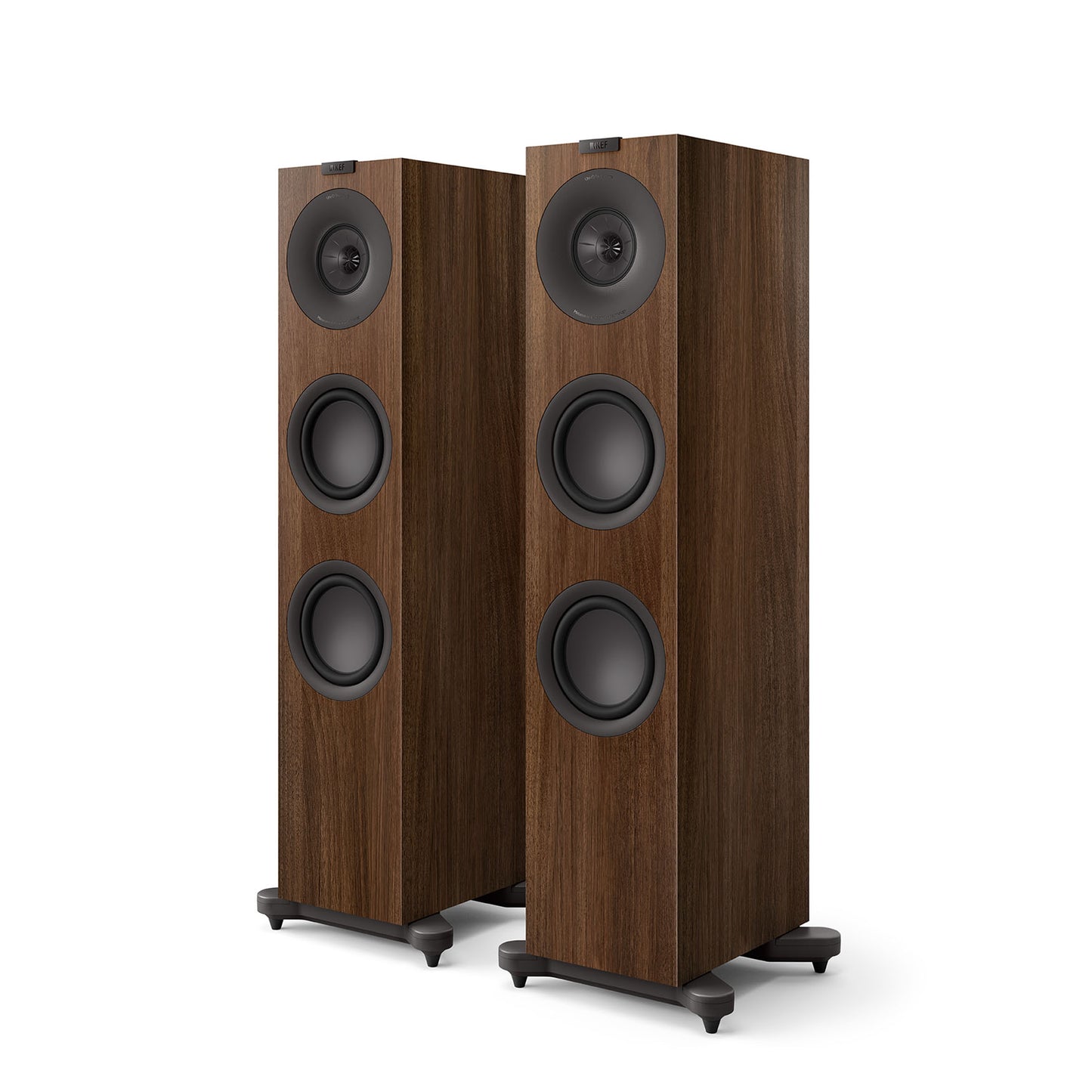 A pair of KEF Q7 Meta floorstanding speakers in walnut, featuring a 12th generation Uni-Q driver array with MAT technology.