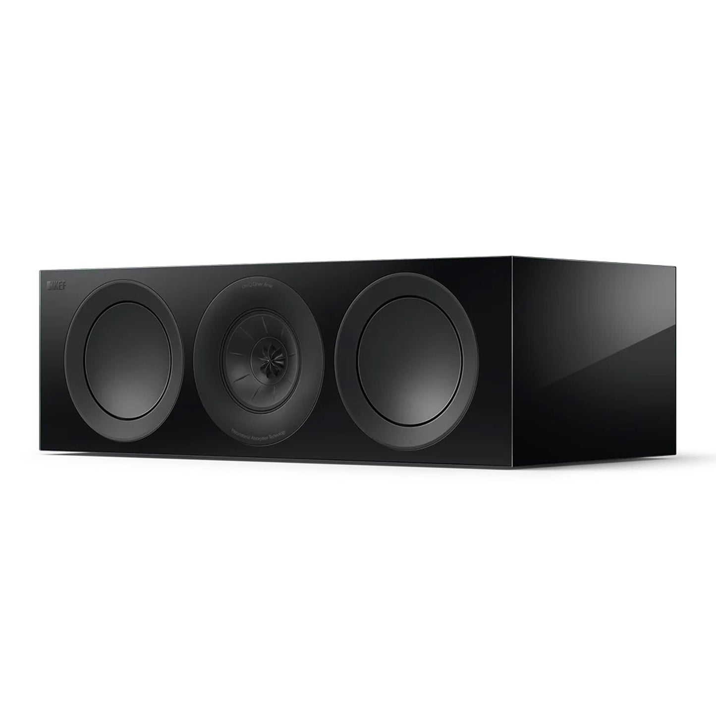 A black KEF R6 Meta Centre Speaker with a three-way design featuring a 12th generation Uni-Q driver array.
