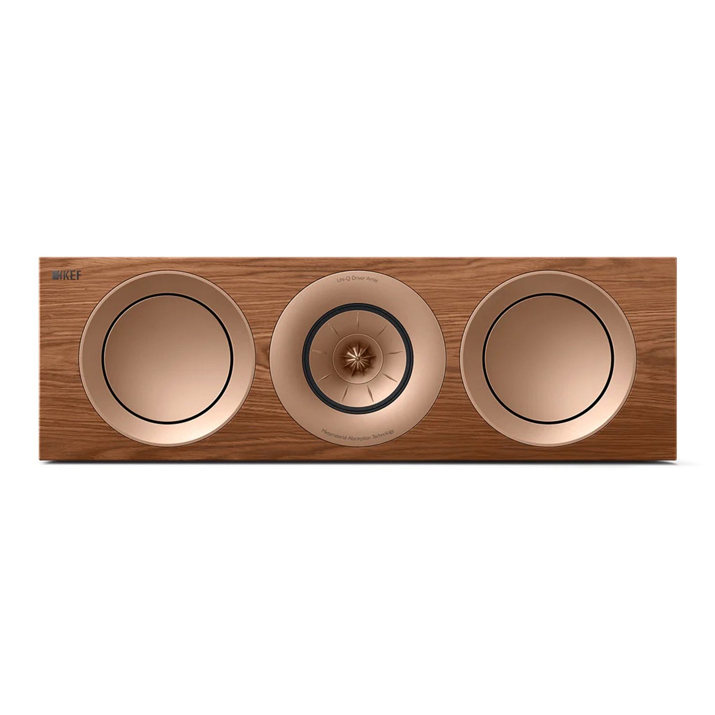 Front view of KEF R6 Meta Centre Speaker in walnut on white background