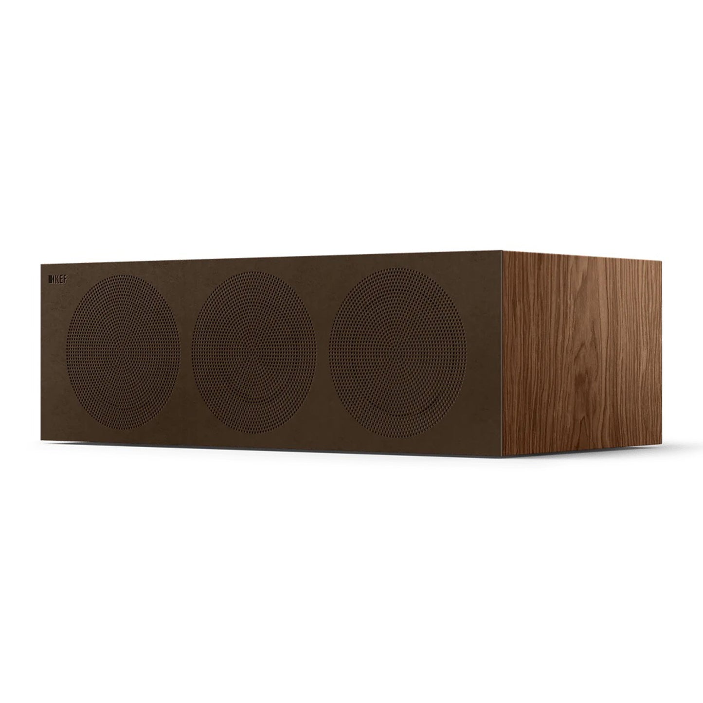 Angle view of KEF R6 Meta Centre Speaker in walnut on white background