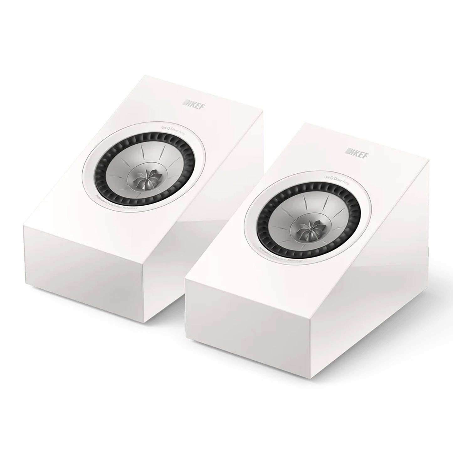 A pair of KEF R8 Meta Dolby Atmos Speakers in white on white background