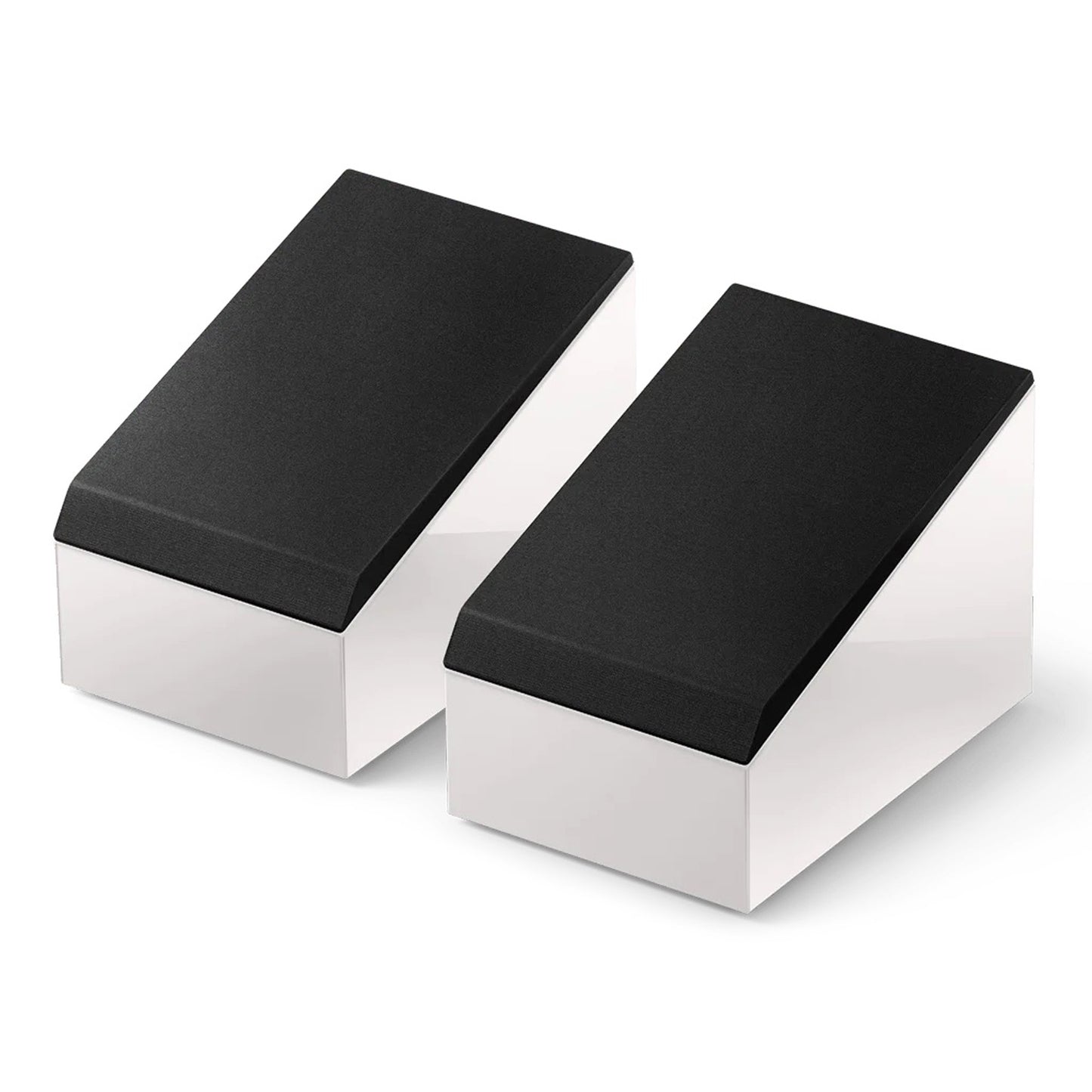 A pair of KEF R8 Meta Dolby Atmos speakers featuring a white finish and black front grille.