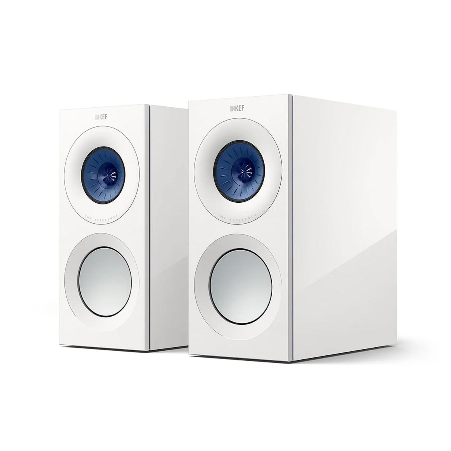 A pair of black KEF Reference 1 Meta bookshelf speakers with blue-coloured tweeter frames.