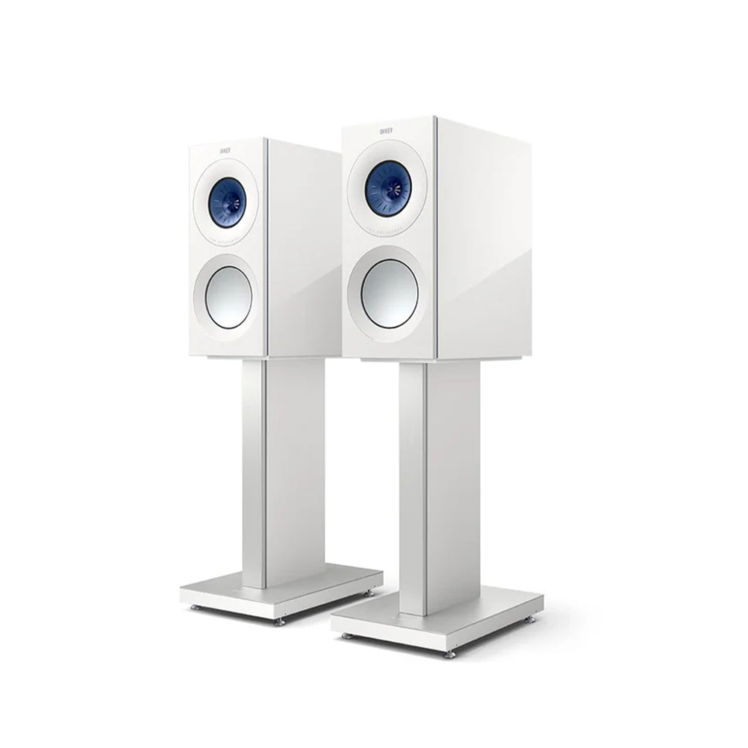 Pair of white KEF Reference 1 speakers with blue accents on a white background