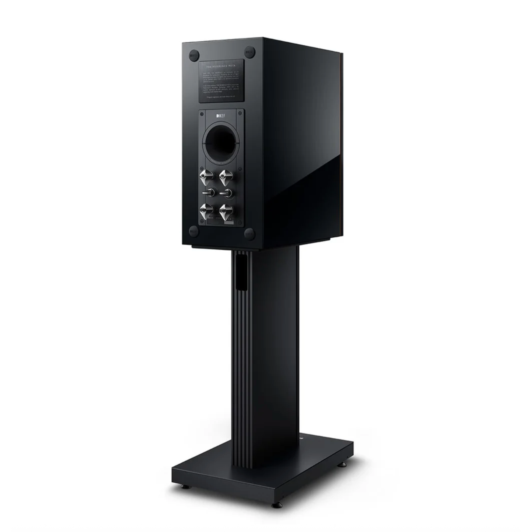Back of Black KEF Reference 1 speaker on a white background