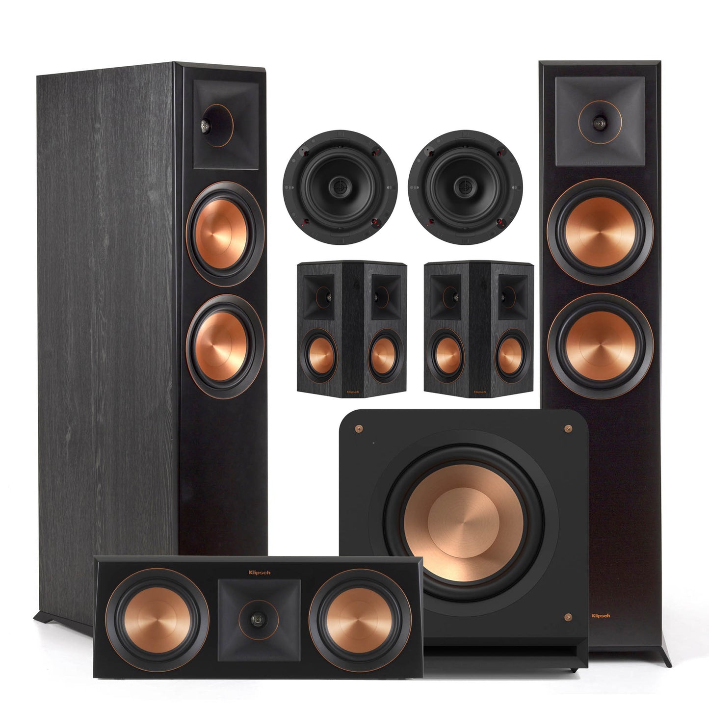 Klipsch speaker system with multiple speakers on a white background