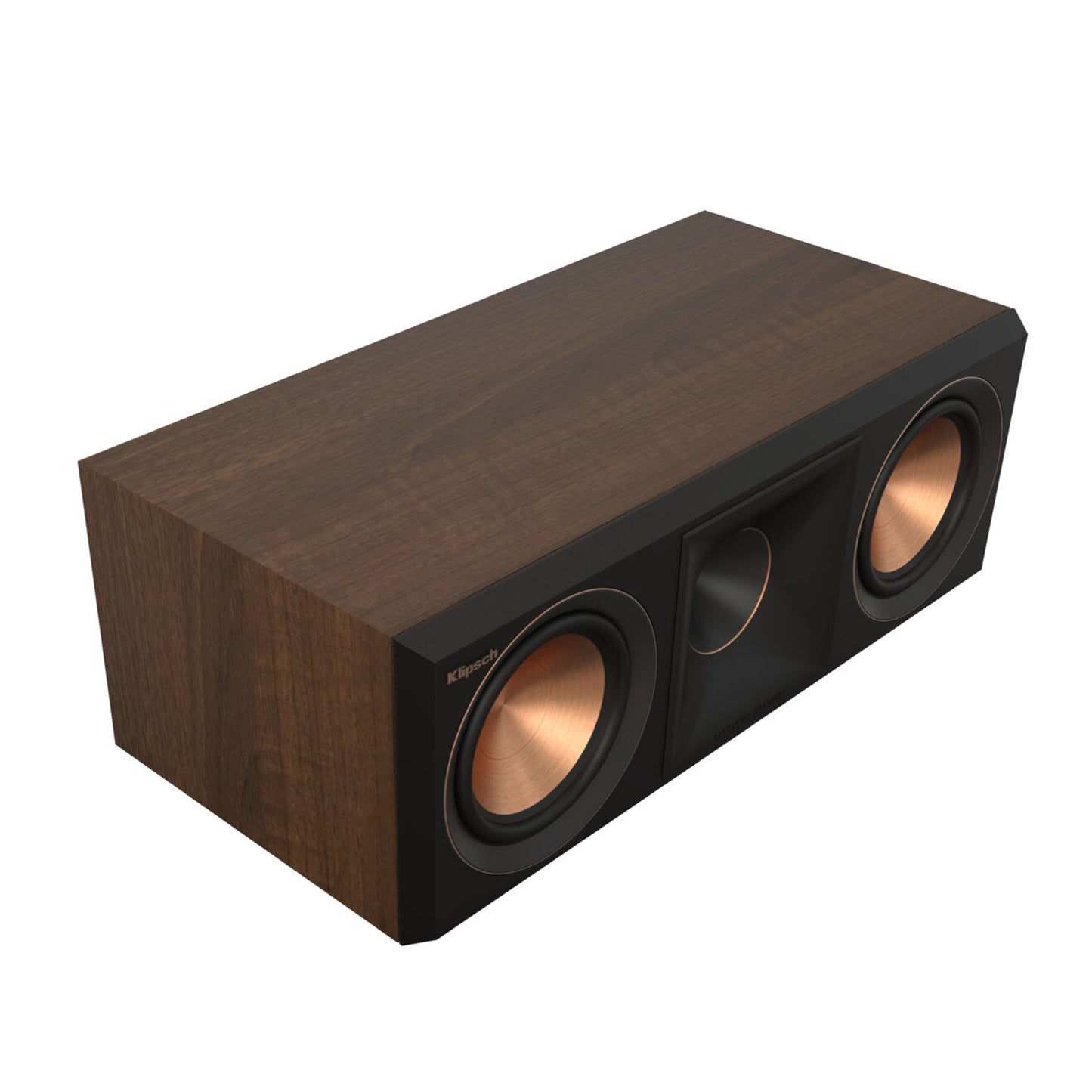 Klipsch Rp-500C centre speaker in walnut finish on white background.