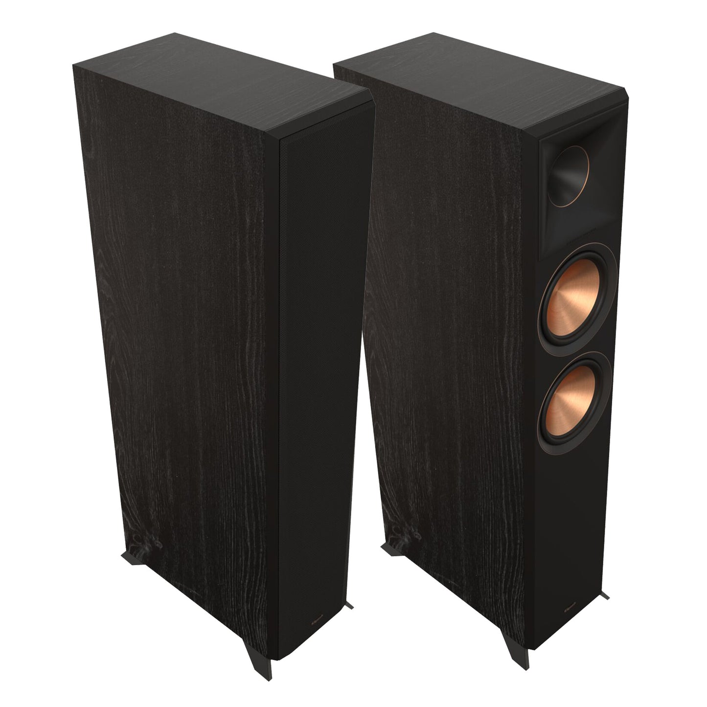 A pair of Klipsch RP-6000F II floorstanding speakers with a wood finish, black front, and titanium dome horn tweeter.
