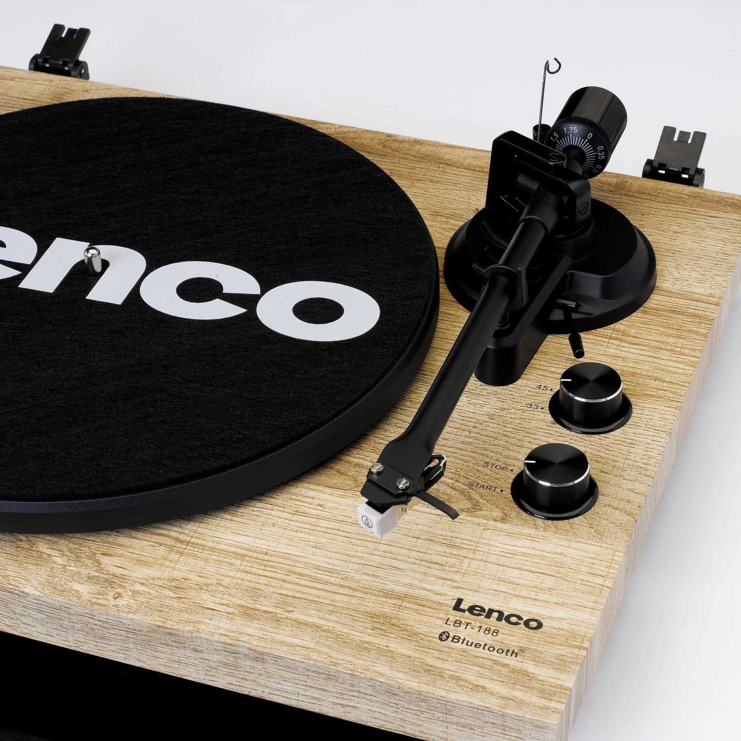 Close up of Lenco LBT-188 Turntable in pine finish