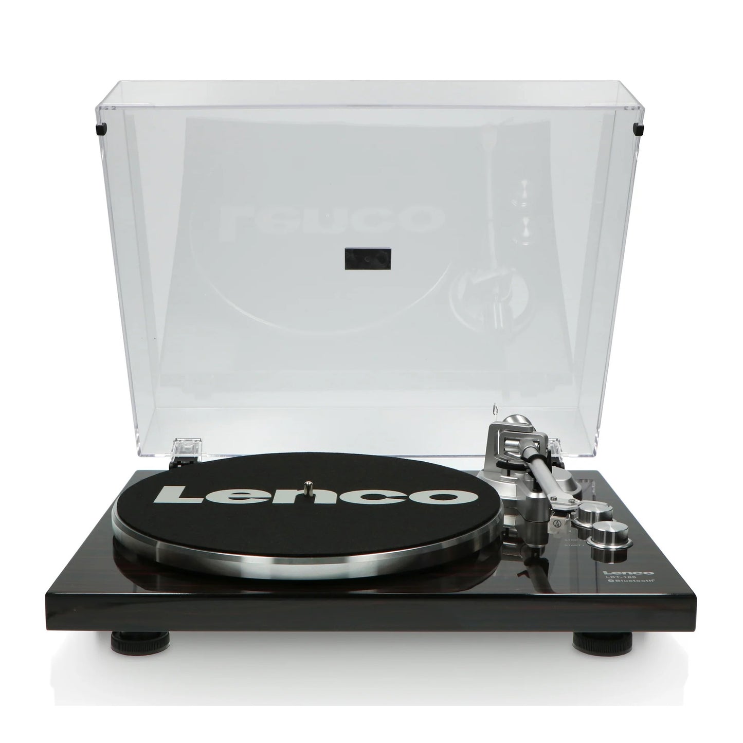 Front of Lenco LBT-188 Turntable with clear lid open