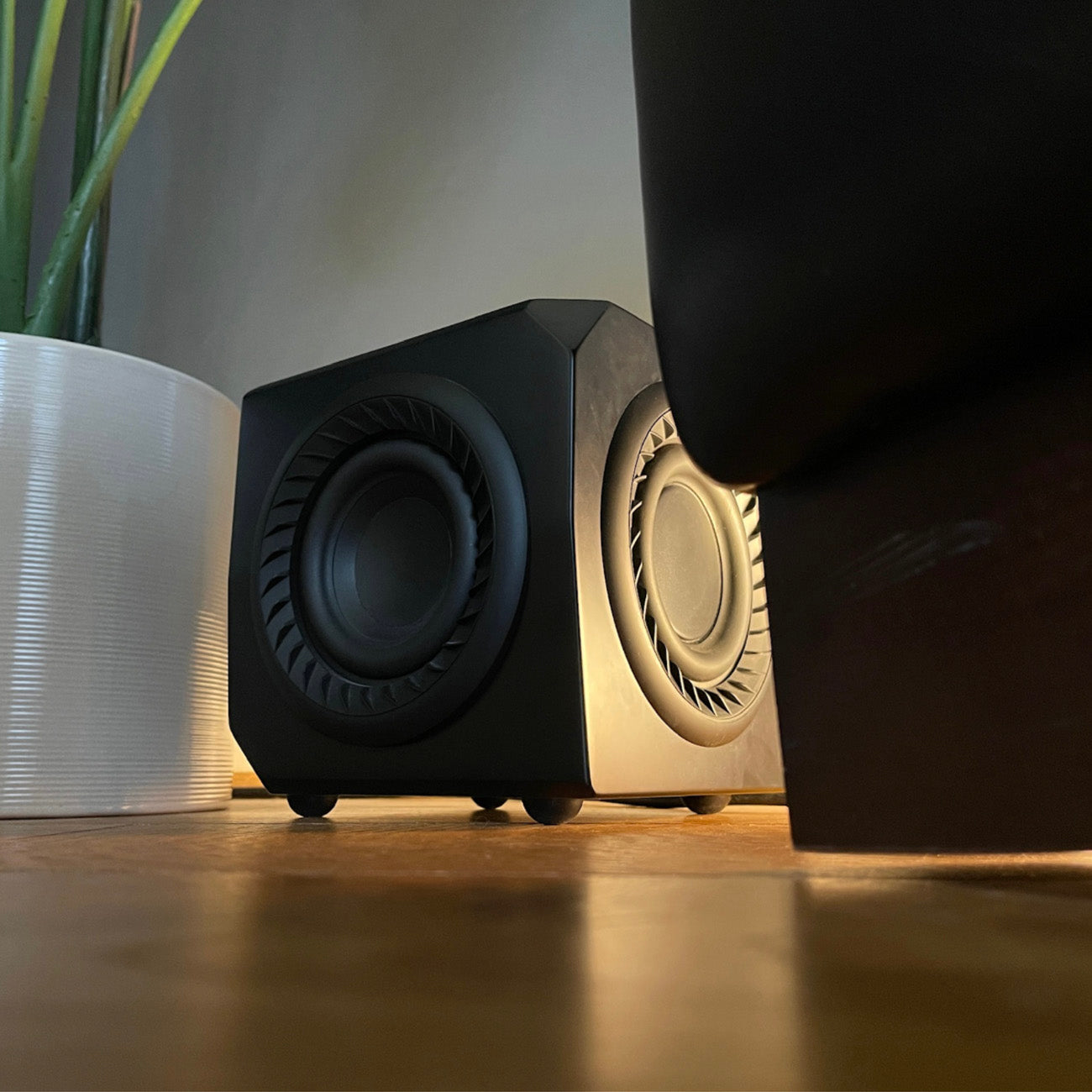 Lithe Audio Wireless Micro Subwoofer placed on the floor next to pot