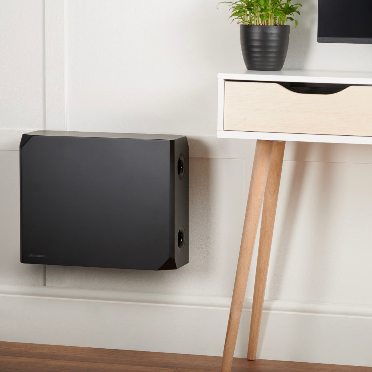 Black wall-mounted speaker next to a wooden legged table with a plant on a white wall.