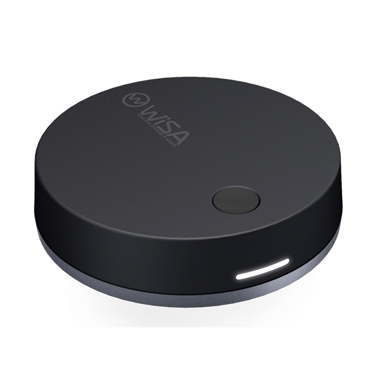 Black round device with WISA logo on a white background