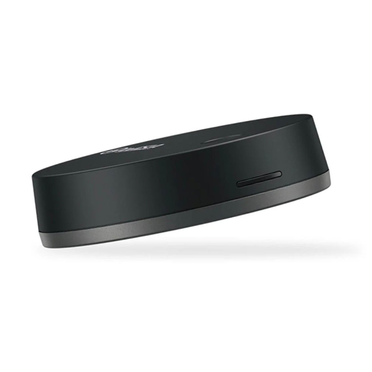 Black wireless charging pad on a white background