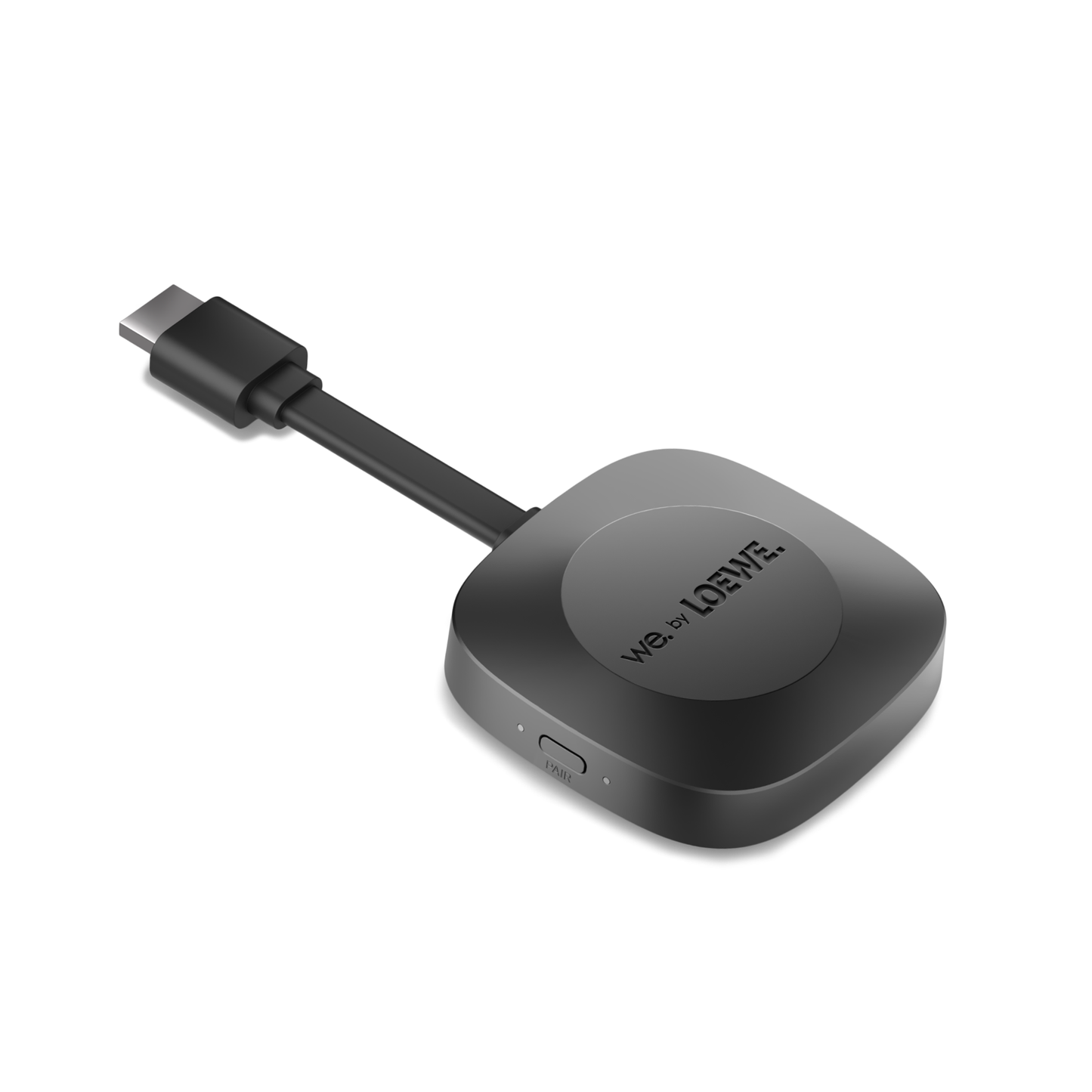 Black electronic device with USB-C cable on a white background, featuring the Loewe brand.