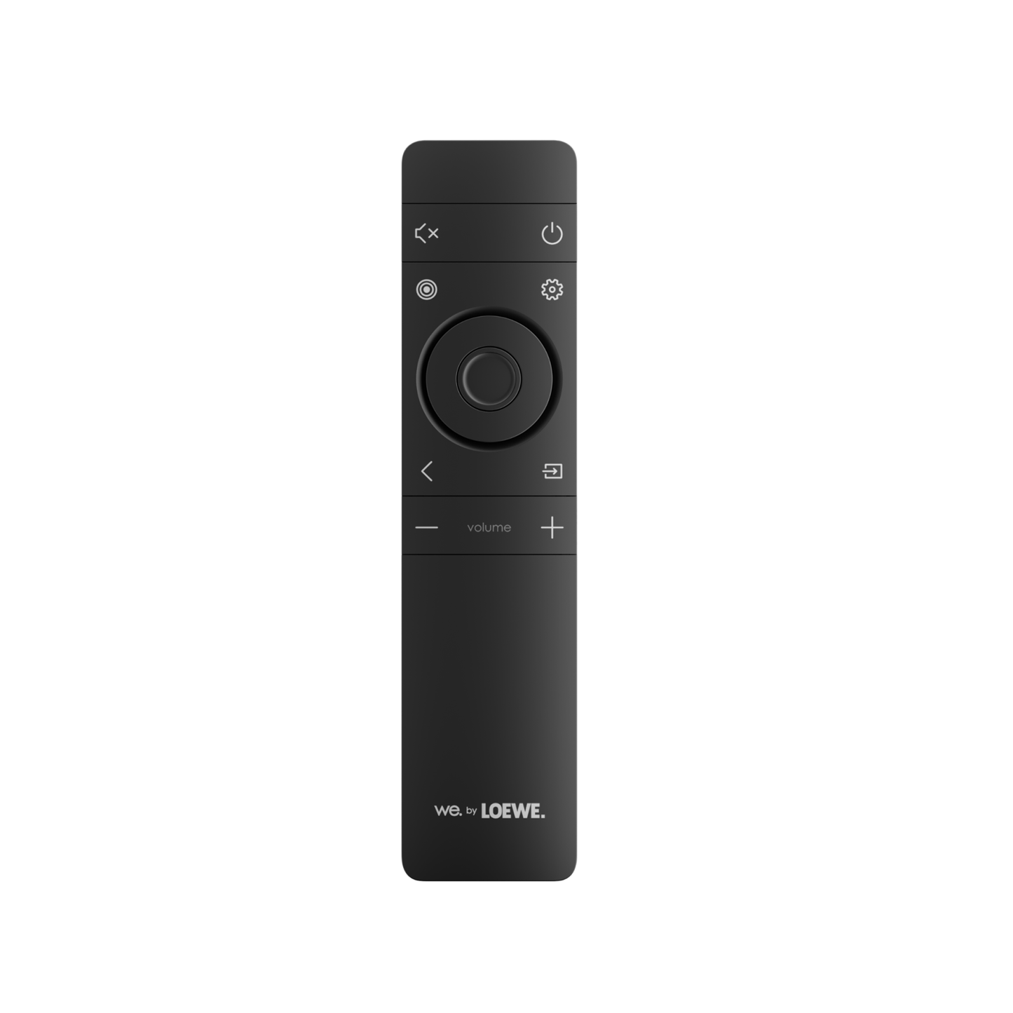 Black remote control with LOEWE branding on a white background
