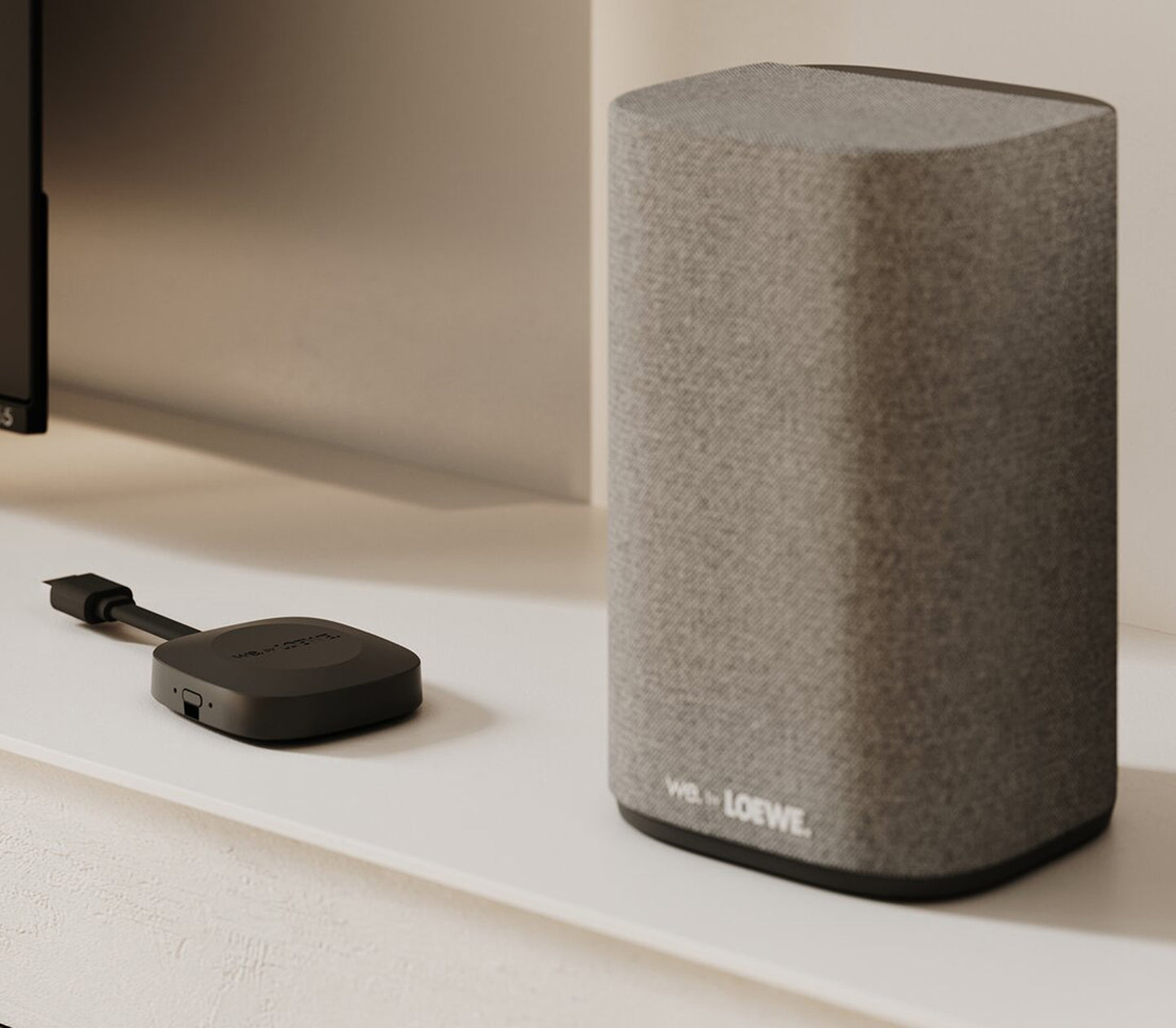 Gray cylindrical speaker with Loewe branding on a light surface.