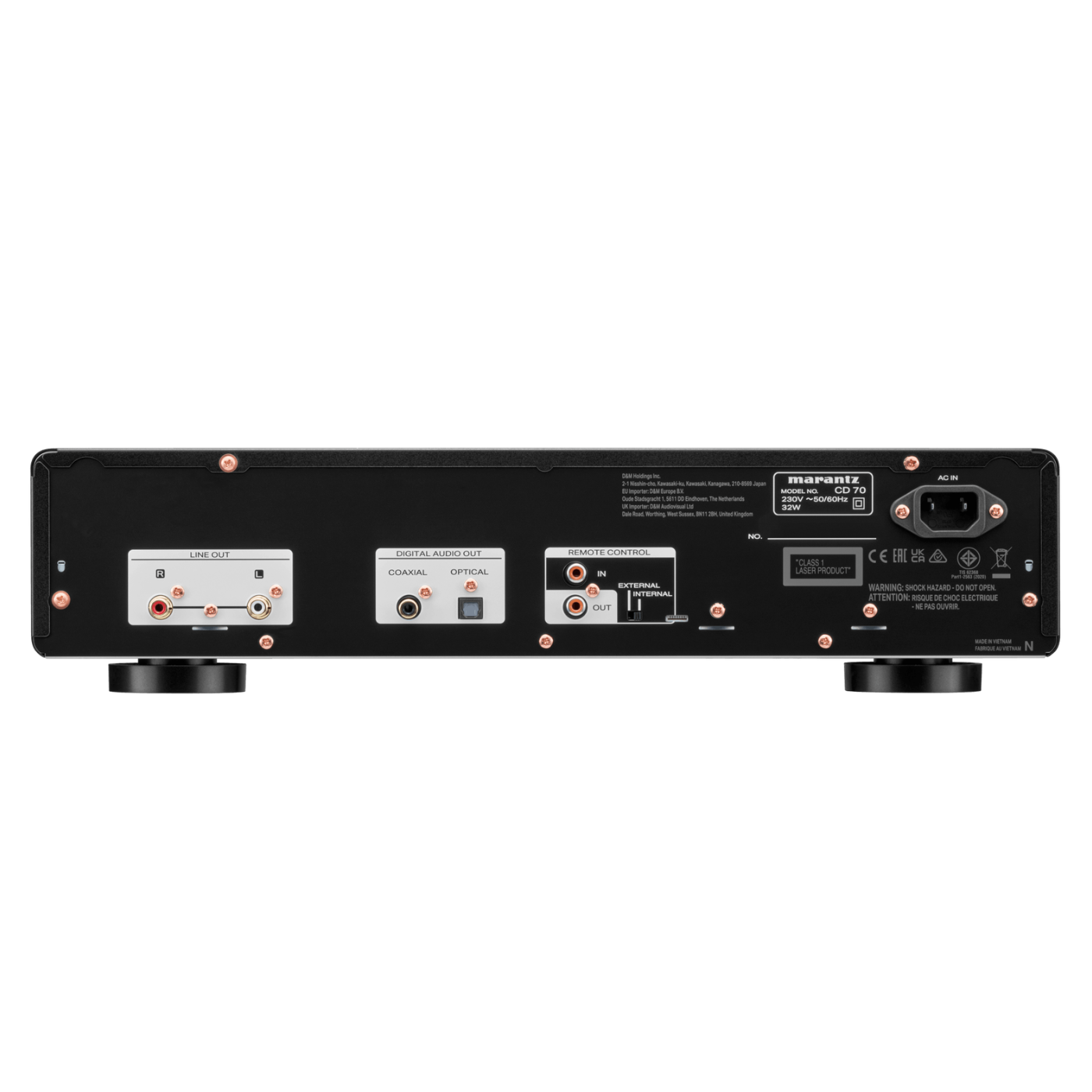 Back panel of black Marantz CD 70 CD Player on white background