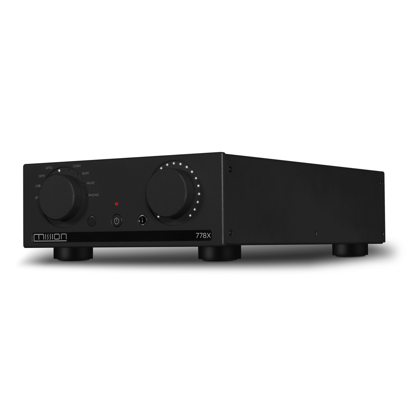 Front angle of Mission 778X Integrated Amplifier in silver