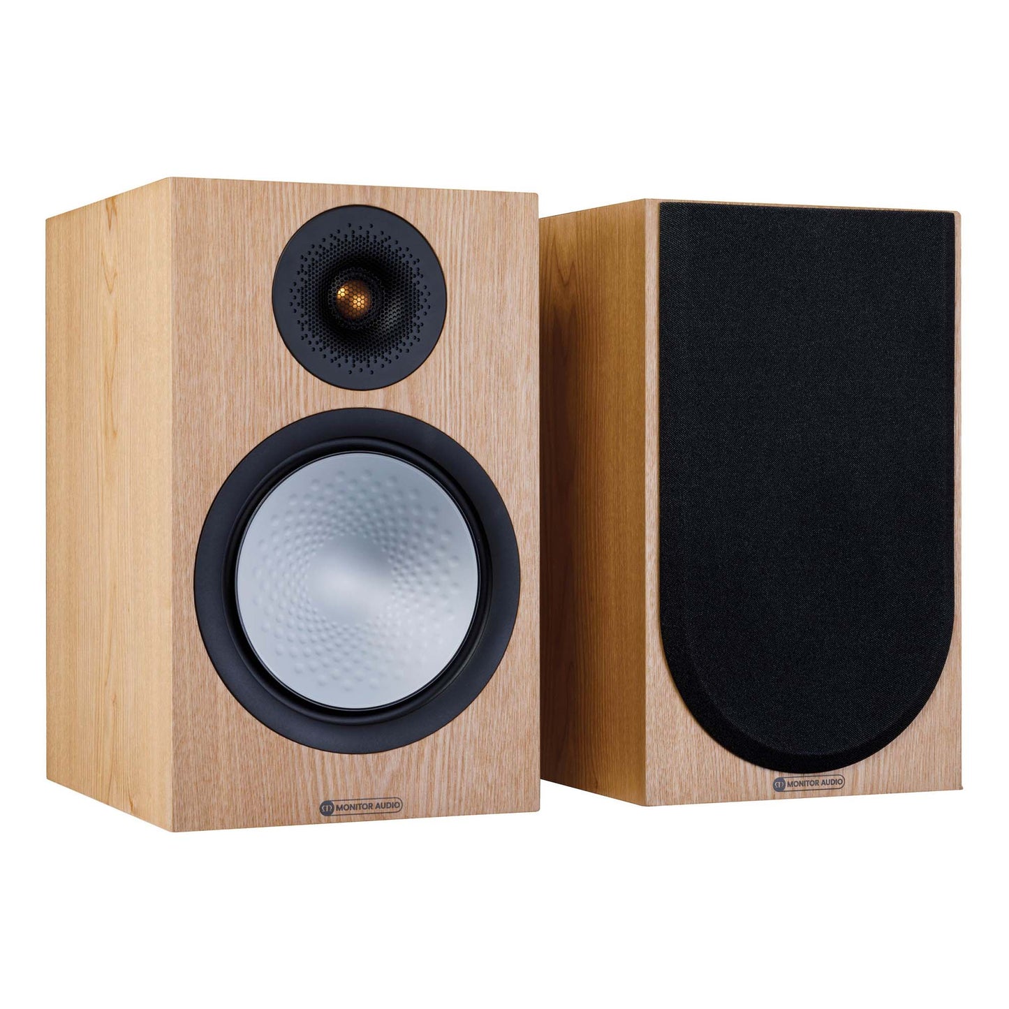 Pair of wooden speakers with black grills on a white background