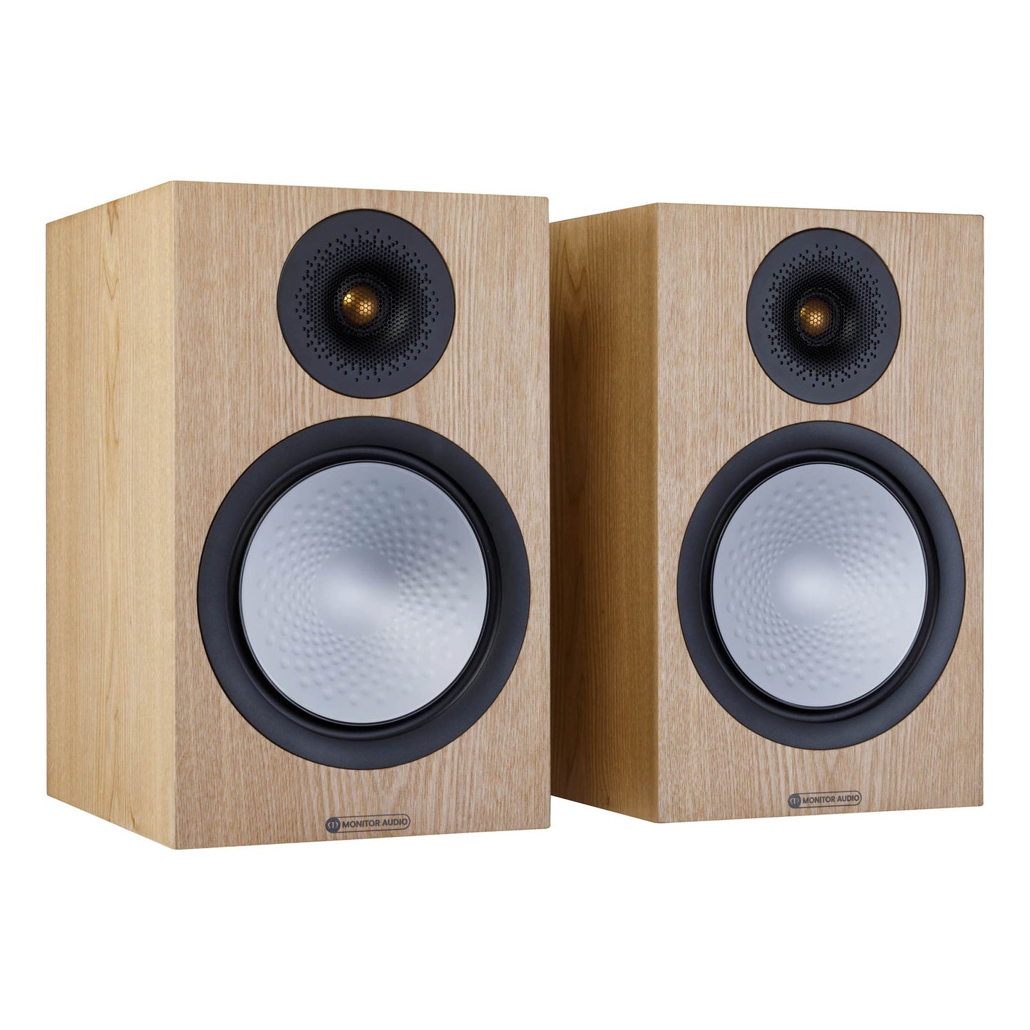 Pair of wooden speakers with black and silver drivers on a white background
