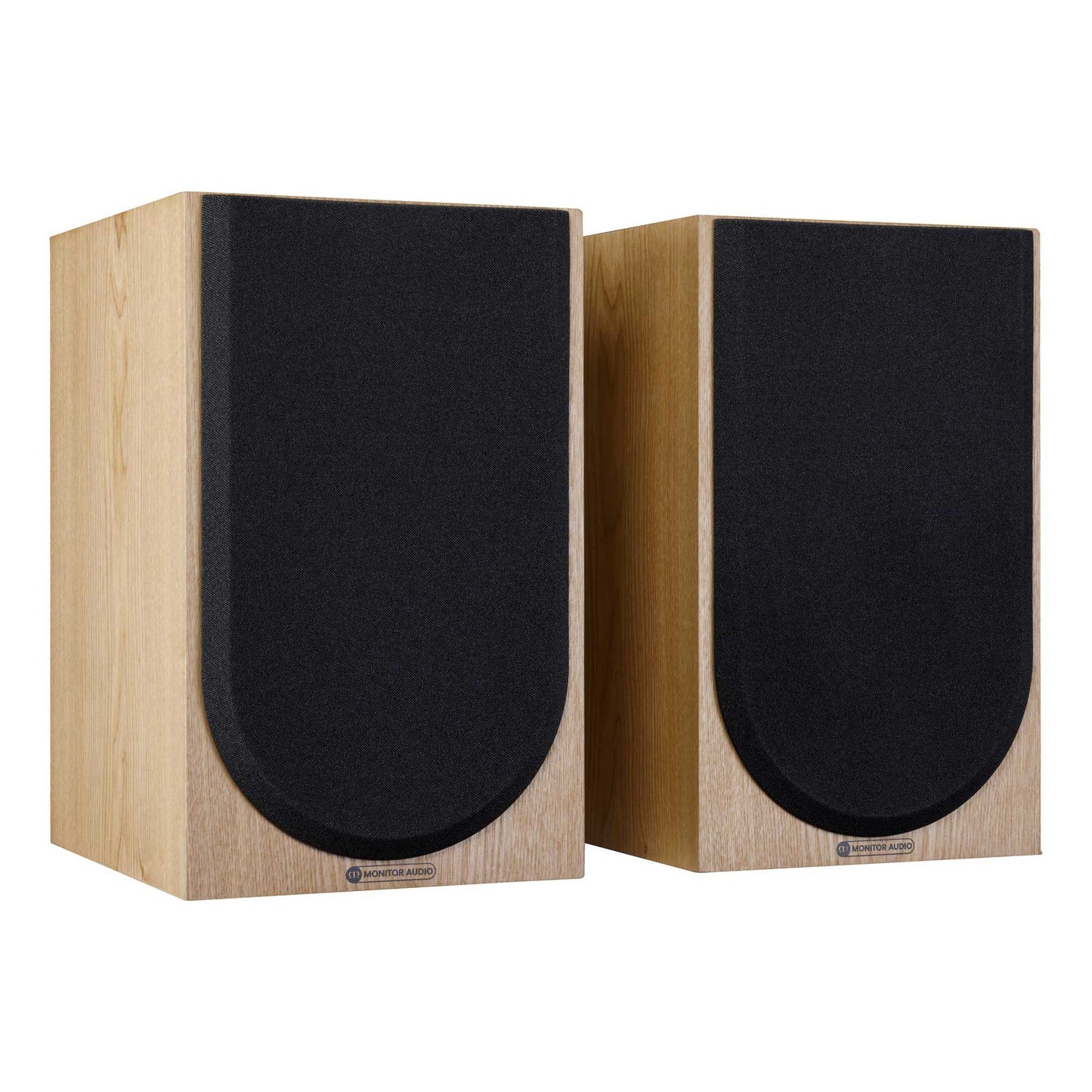 Pair of wooden speakers with grilles on a white background