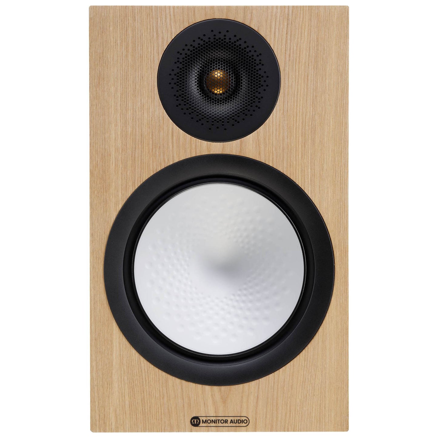 Monitor Audio speaker with wooden finish and black grille on a white background