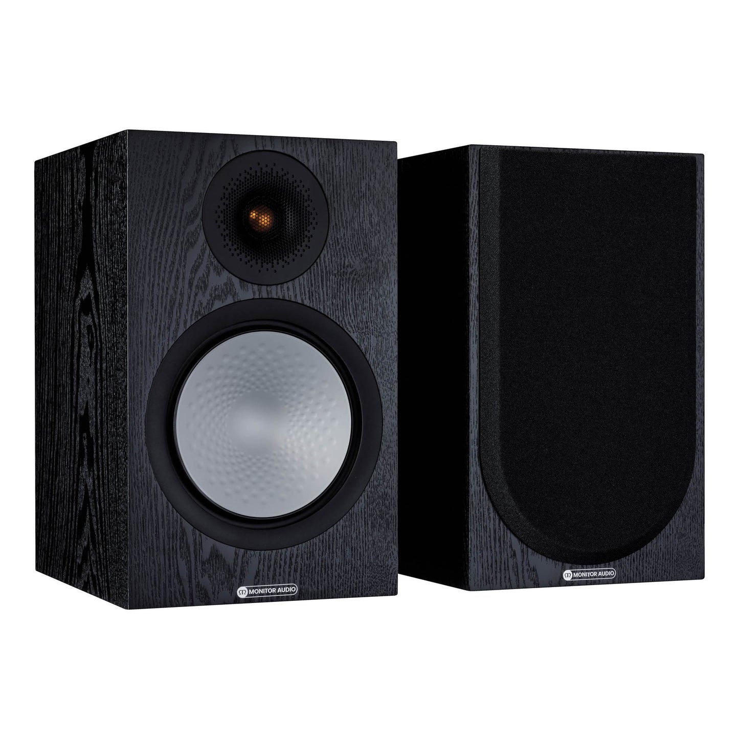 Pair of black speakers on a white background