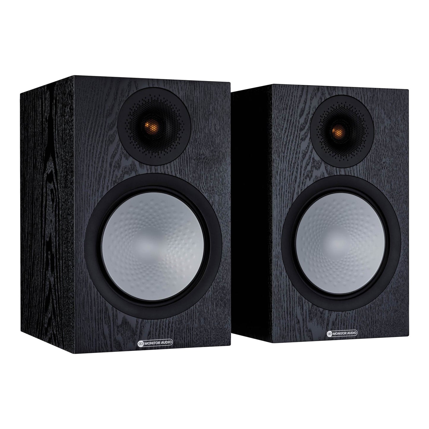 Pair of black speakers on a white background