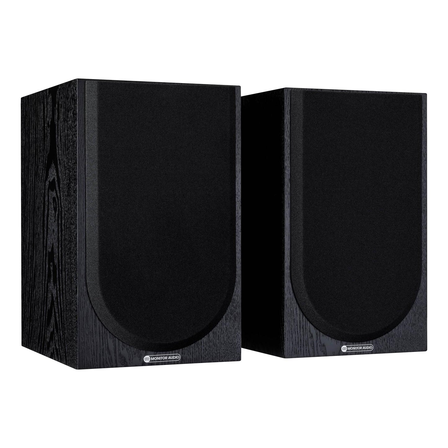 Pair of black speakers on a white background