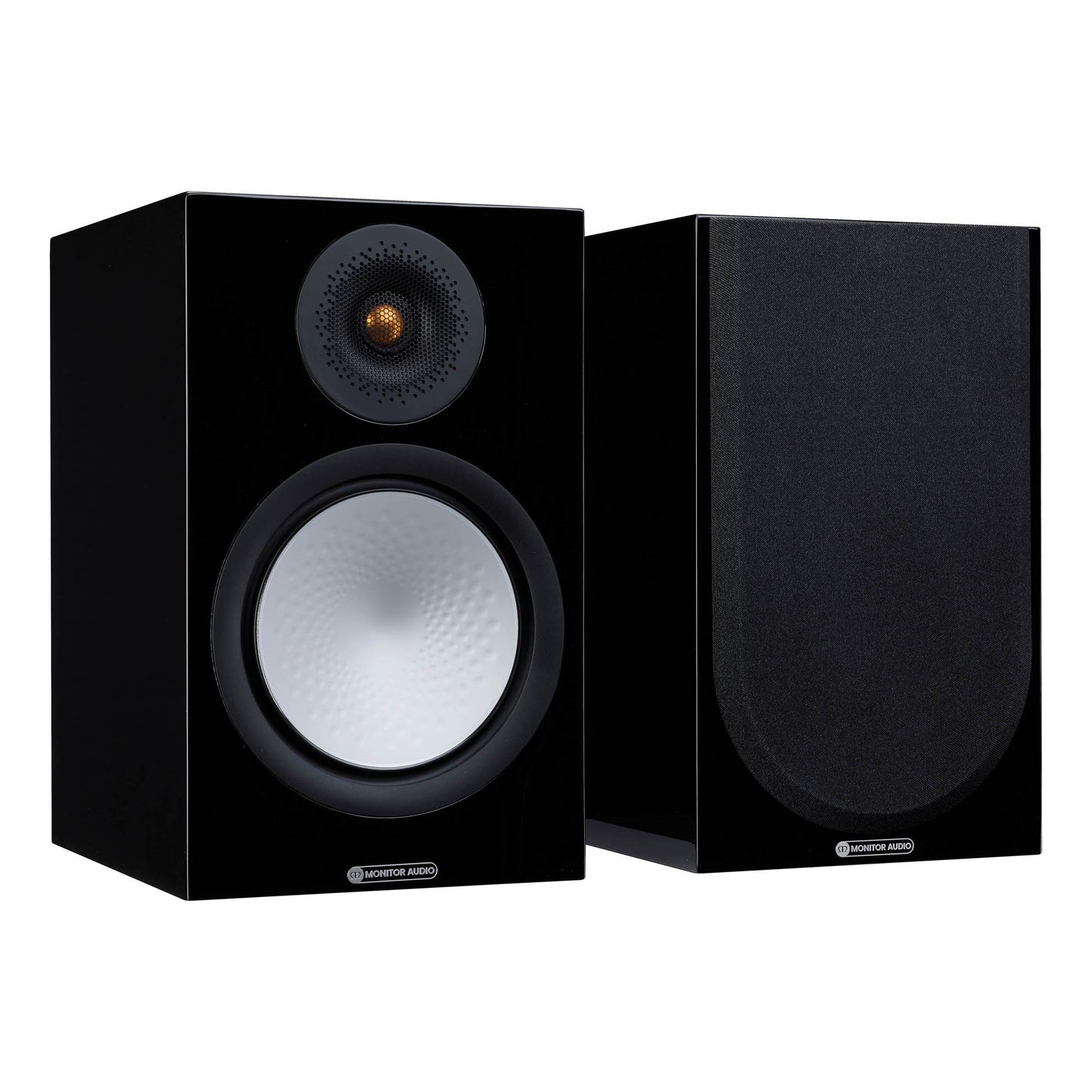 Pair of black speakers on a white background