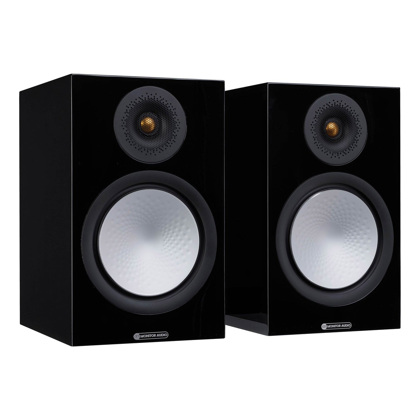 Pair of black speakers with gold accents on a white background