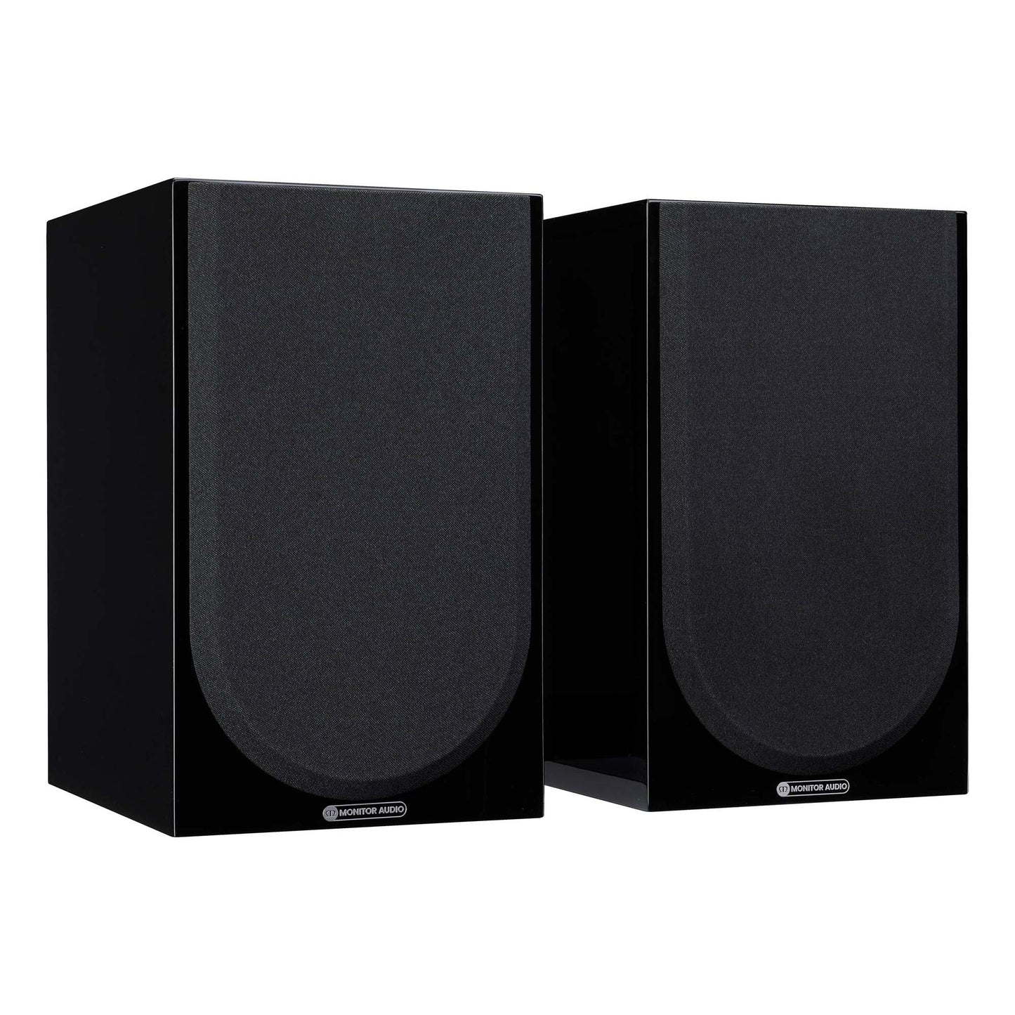 Pair of black speakers on a white background