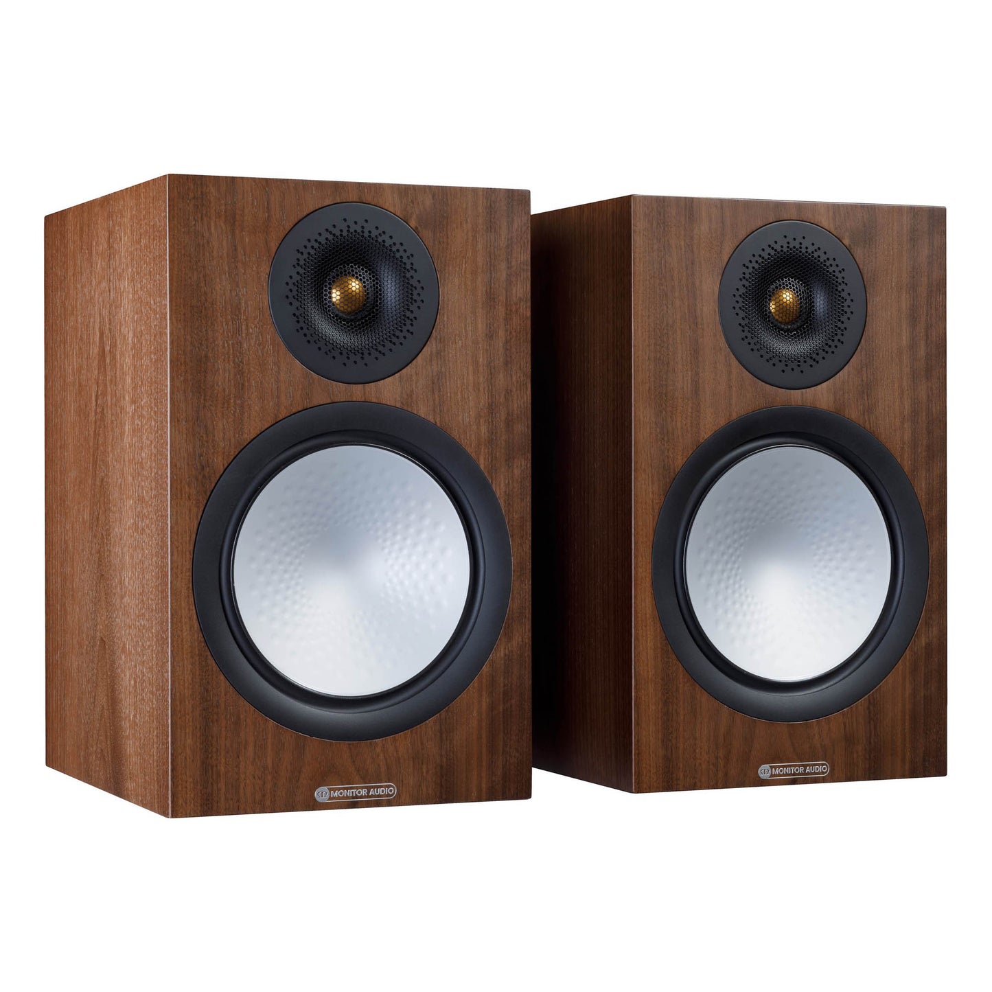 Pair of wooden speakers on a white background