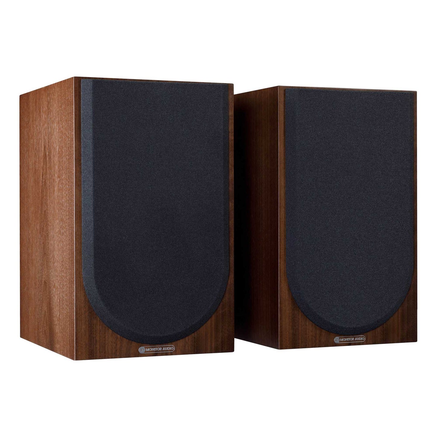 Pair of wooden speakers with black front panels on a white background