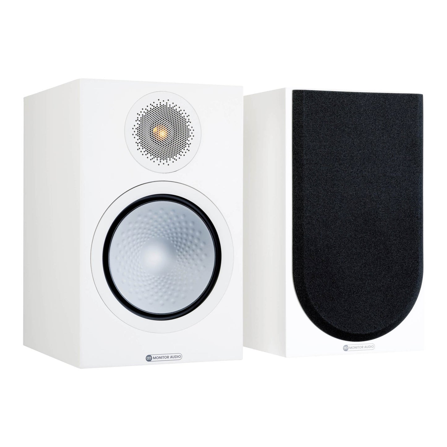 White speaker with a black grille on a white background